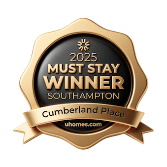 Sticker showing that Cumberland Place was a 2025 Must Stay Winnder Southampton