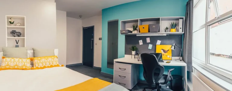 A large bedroom. In the foreground there is a large bed. To the right is a window, letting in a lot of light. To the left of that is a desk and shelving next to a cupboard. To the back of the picture is the door.