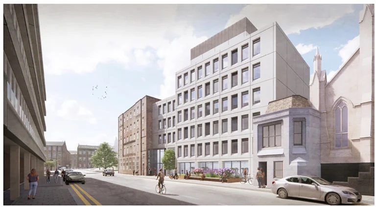 A CGI creation of the outside of Telephone House - a large accommodation block