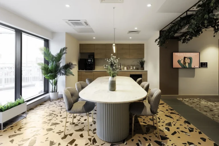 A kitchen, dining area in Aster House. It's very modern.