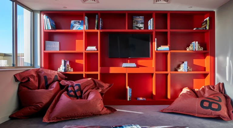 A social area. It is coloured red. There are bean bags and a large shelving unit. Centre stage is a large TV